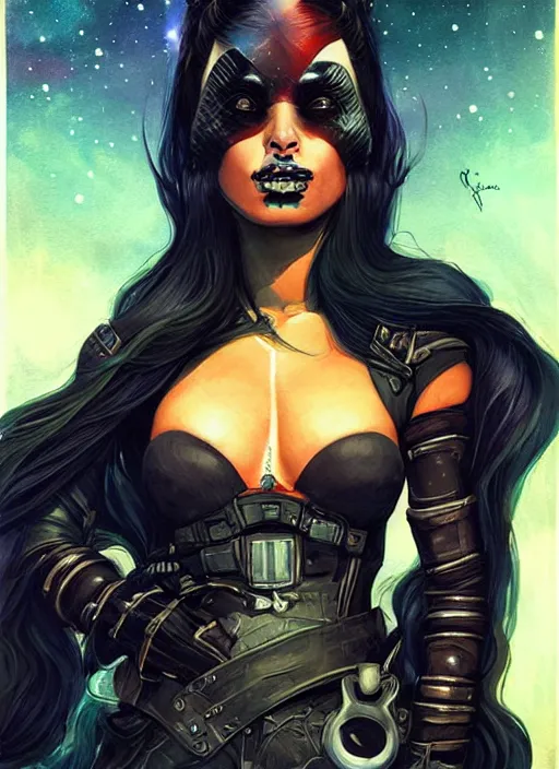 Image similar to portrait of female space pirate, night sky background, beautiful! coherent! by brom, deep color, strong line, high contrast