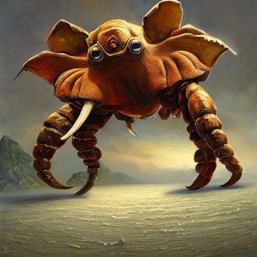 Image similar to elephant - crab creature, oil painting by justin gerard, deviantart