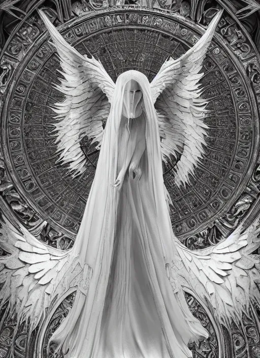 Image similar to Fine Art photo of a ancient sculptural demonic female Angel, rucifer, gothic and baroque sculpture, wearing long veil dress, six long wings, fallen angel with shadowy halo, in the large gothic cathedral , ornate, intricate and low contrast detailed, Guillermo del Toro style, full body portrait, hyper realistic, zbrush, epic perspective, octane render, volumetric light, cinematic lighting, cinematic detail, composition, photorealistic, render in unreal engine 5, 8k render, art sculpture, bone, ultra detailed technical precision, rule of third, dark epic scene