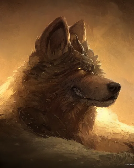 Prompt: medieum shot of a warg!!! dire wolf sleeping on a mat in a corner of a adobe house, torchlit, concept art by marc simonetti and christophe vacher, trending on artstation