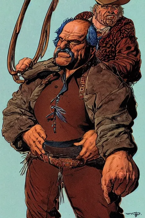 Image similar to Alexi. Smug old west circus strongman. concept art by James Gurney and Mœbius.