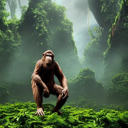 Image similar to cinema 4D colorful render, utopian jungle in space , planet of the apes, old decaying statue of ape from a far distance , a detailed zoned in human anatomy veins, nature, heavy green, dramatic lens flares, apes hanging from vines, a evil dark sun , depth field, unreal engine, sharp, incredible detail, professional composition, quality digital art, 4k, 4k concept art and hyper realism