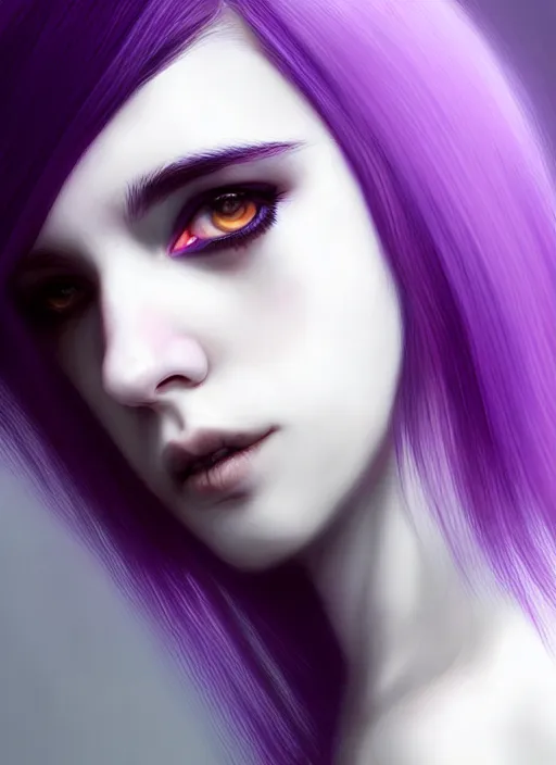 Image similar to hair blackbangs hair, white hair, blackbangs, portrait of teenage girl with white hair, red irises, purple clothes, black bangs, bangs are different color from hair, intricate, elegant, glowing lights, highly detailed, digital painting, artstation, concept art, smooth, sharp focus, illustration, art by wlop, mars ravelo and greg rutkowski