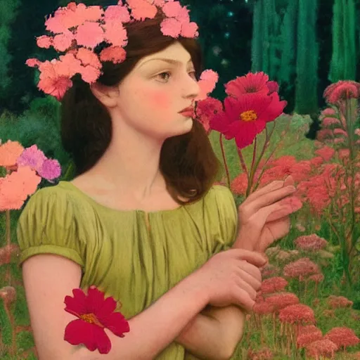 Image similar to a lot of flowers morphing in a beautiful girls face, film still by wes anderson, depicted by balthus, limited color palette, very intricate, art nouveau, highly detailed, lights by hopper, soft pastel colors, minimalist