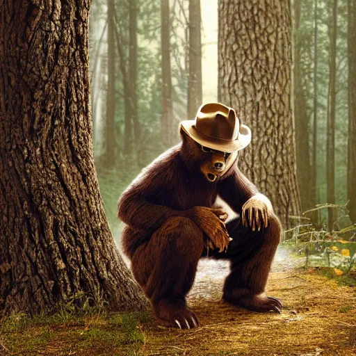 Image similar to UHD canndid photo of Smokey The Bear squatting on a commode in the woods, by Annie leibowitz, photorealisitc, extremely detailed