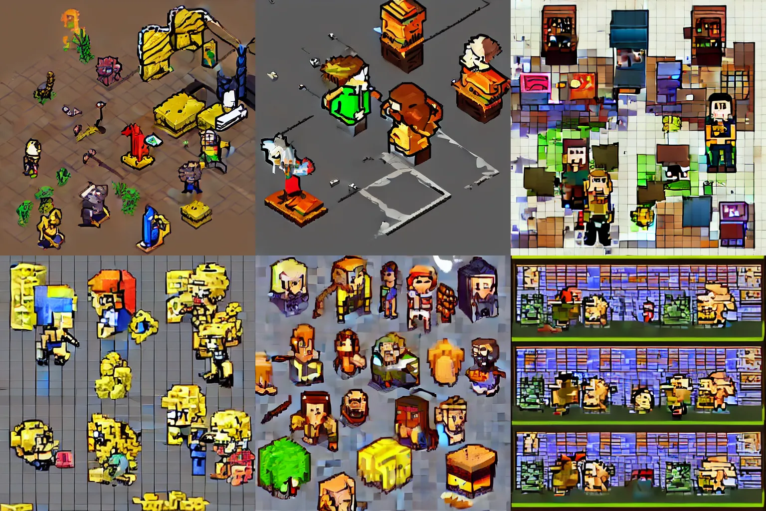 Prompt: isometric role playing game sprite of its always sunny in philadelphia cast members, pixel art, video game, 8 bit, dungeon, zombies, skeletons, magic, fire,