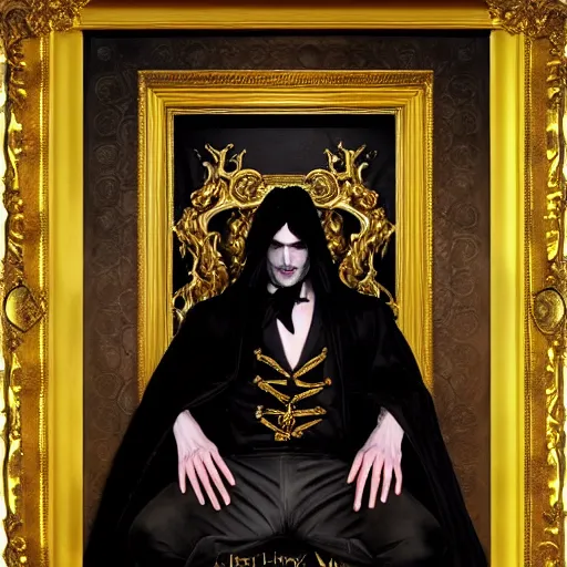 Image similar to perfectly centered portrait of attractive vampire king in gold gothic robe sitting on a throne of black bones, highly detailed painting by gaston bussiere, craig mullins, j. c. leyendecker, 8 k, mid shot