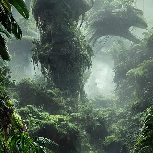 Prompt: epic, ultra detailed, hyper - real alien jungle by greg rutkowski inside the movie matrix by zaha hadid