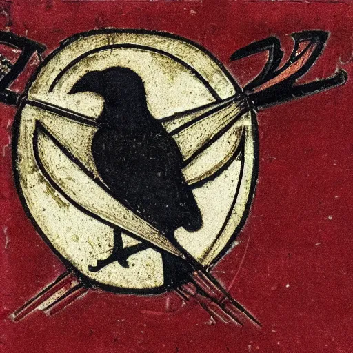 Image similar to a medieval logo illustrating a crow made out of metal