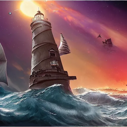 Prompt: pirates sailing the lighthouse in the middle of the galaxy , wide angle shot, diffuse lighting, fantasy, intricate, elegant, highly detailed, lifelike, photorealistic, digital painting, illustration, concept art, smooth, sharp focus, A24!film cinematography