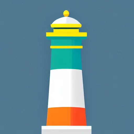 Prompt: a tricolour flag with vector pictogram of a lighthouse that is made of white stone on a small coral island surrounded by ocean, flat graphic design