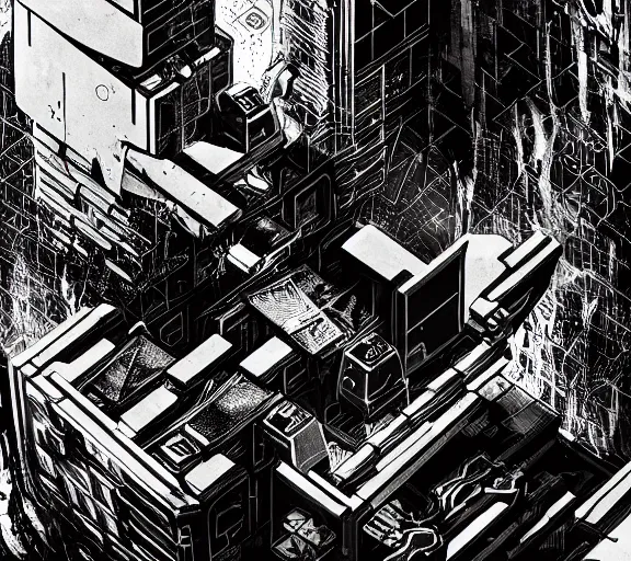 Prompt: a black and white illustration of a cyberpunk epic Friday night firefight in the style of M.C. Escher, Night City, cyberpunk 2077, 1979 OMNI Magazine Cover, impossible geometry, coherent, street level neo-Tokyo in Cyberpunk 2045, 4k, 8k, HD, trending on artstation