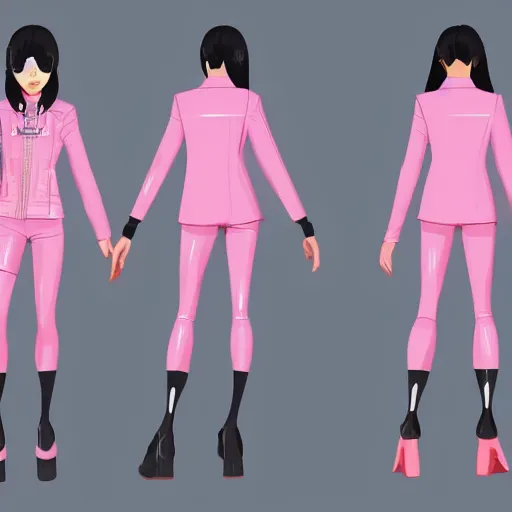 Prompt: y2k character model sheet for a short Japanese girl in a pink and white futuristic sleek motorcycle suit. into the spider-verse animated style