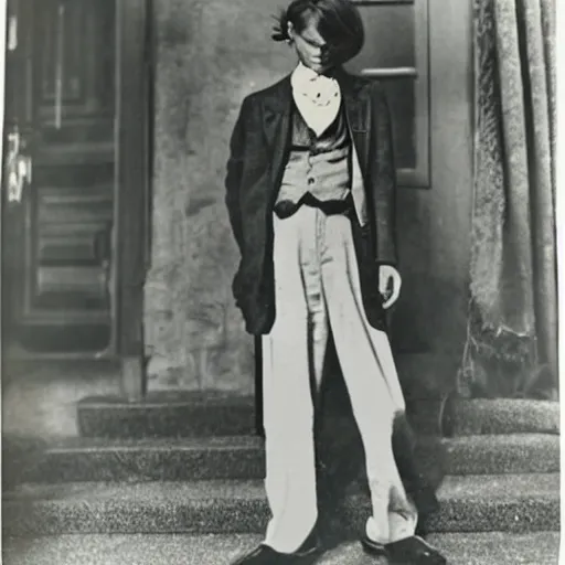 Image similar to Photograph of a young anorexic 1930s outcast man with very long hair and extravagant clothes