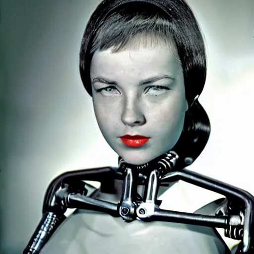 Prompt: portrait photo of a beautiful female cyborg (((from 1960s)))