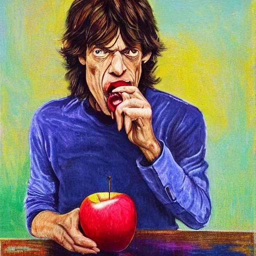 Prompt: mick jagger eating apple by anna platzke