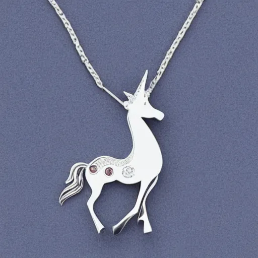 Image similar to a lovely silver cartoon unicorn necklace pendant, 3 d rendering, pandora style, tiffany style, swarovski style, van cleef & arpels style, cartier style, boucheron style, bulgari style, chaumet style, elegant, noble, stylish