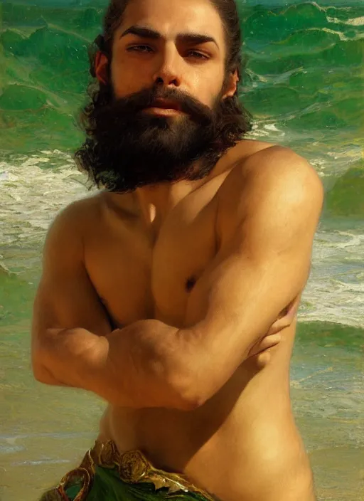 Image similar to detailed cinematic wide shot of muscular attractive young latino man beard slim face symmetrical face tanskin green eyes white hair wearing sea clothes, ultra realistic, spring light, painting by gaston bussiere, craig mullins, j. c. leyendecker