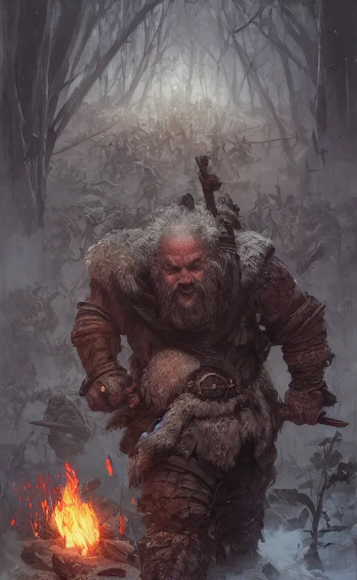 Prompt: last dwarf suvivor is decapitated by eleven of forest, front game card, drark, marvel comics, dark, intricate, highly detailed, smooth, artstation, digital illustration by ruan jia and mandy jurgens and artgerm and wayne barlowe and greg rutkowski and zdislav beksinski