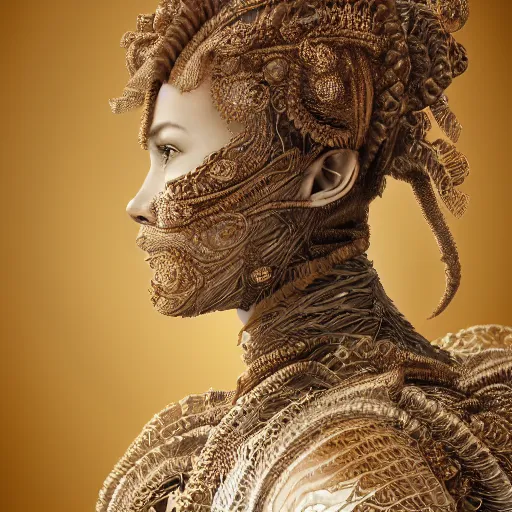 Image similar to a regal brown woman wearing an intricate and detailed armor made of ocean waves. layers. textures. delicate. elaborate. translucent. soft. ethereal. fragile. vulnerable. studio portrait. photorealistic. octane render