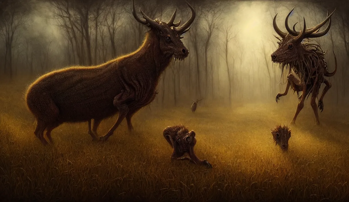 Image similar to epic professional digital art of hungry eyes, ambient golden light, painted, mysterious, cinematic terrifying prairie animals scene, eerie, mythic, detailed, intricate, grand, leesha hannigan, wayne haag, reyna rochin, ignacio fernandez rios, mark ryden, van herpen, artstation, cgsociety, epic, stunning, gorgeous, wow wow detail