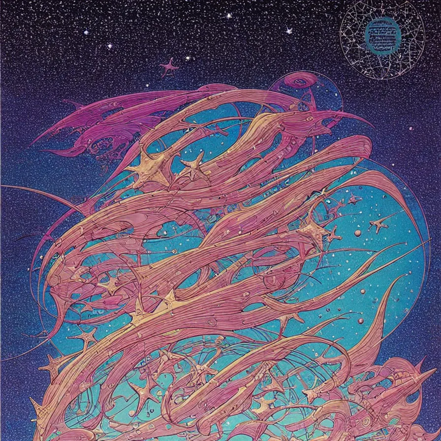 Image similar to ( ( ( ( shinning starry sky and sea, with decorative frame design ) ) ) ) by mœbius!!!!!!!!!!!!!!!!!!!!!!!!!!!, overdetailed art, colorful, artistic record jacket design