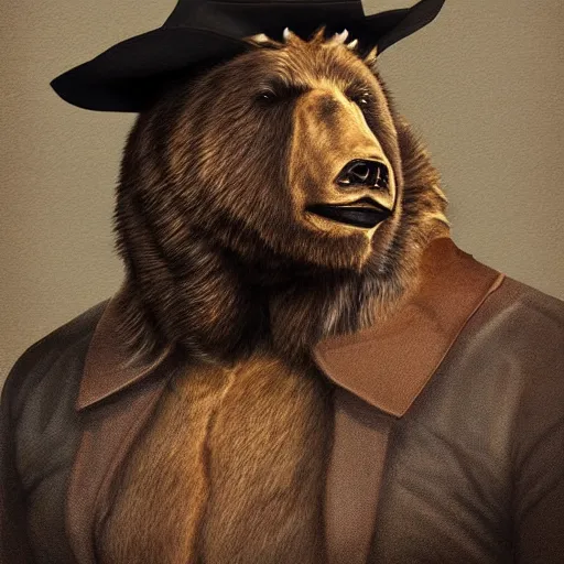 Image similar to portrait of bear beast-man wearing a cowboy hat, digital art, concept art, highly detailed, sharp focus