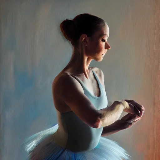 Image similar to portrait of a ballerina, impasto paint, 8 k, cinematic light, shadows, reflection highlights in the paint, in the style of christian beijer,