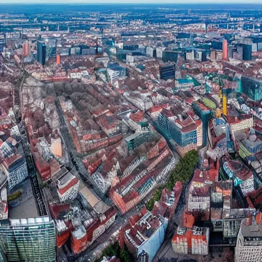 Image similar to warsaw postapocalyptic, panorama, bird's eye view