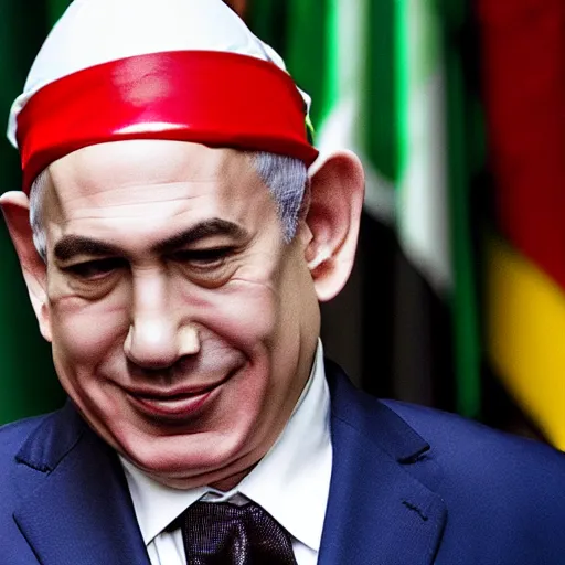 Image similar to Bibi Netanyahu dressed as a jester