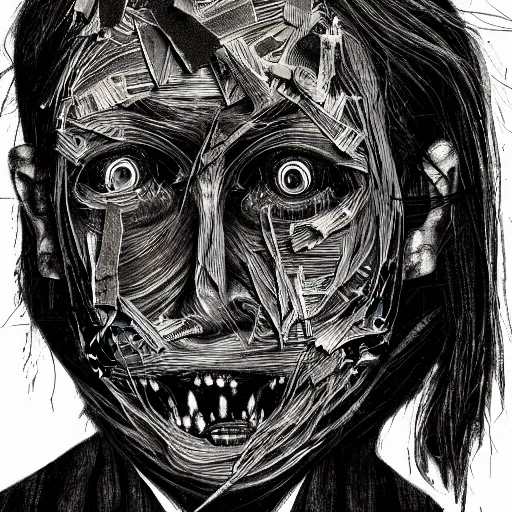 Image similar to multiple faces shredded like paper news scared, dark horror, surreal, drawing, painting,