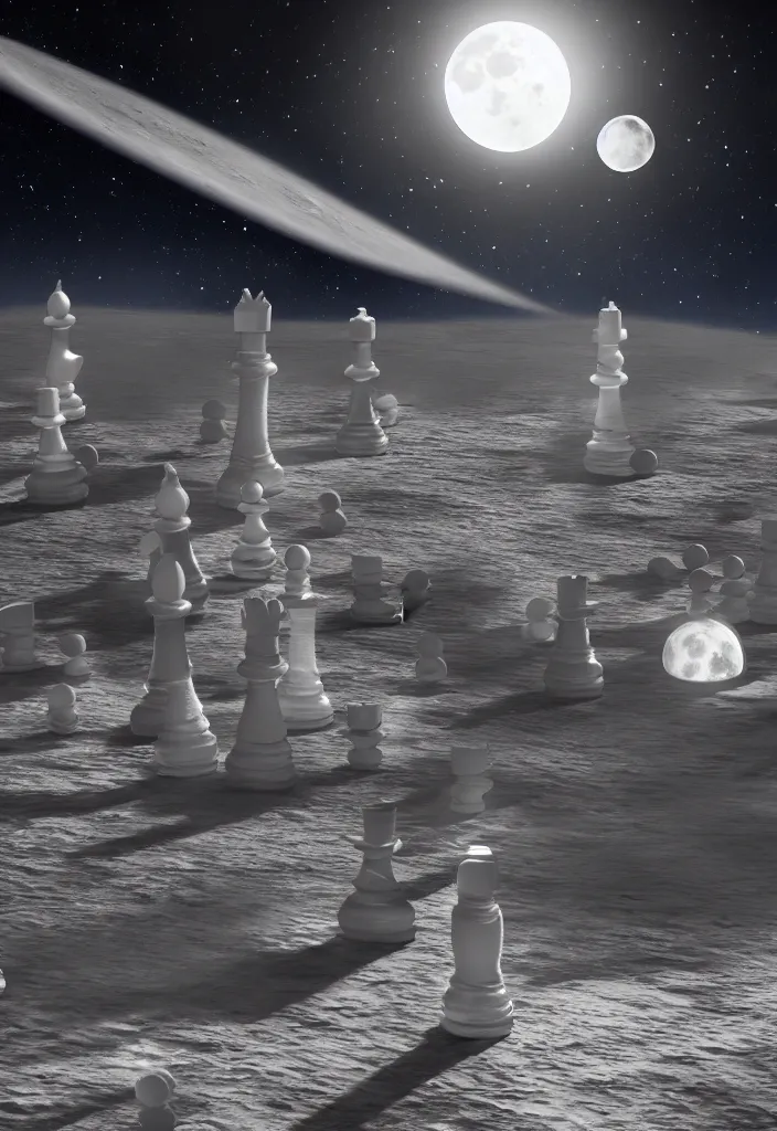 Image similar to a giant chessboard with giant chess pieces in space overlooking the moon fantasy, trending on artstation, digital art.