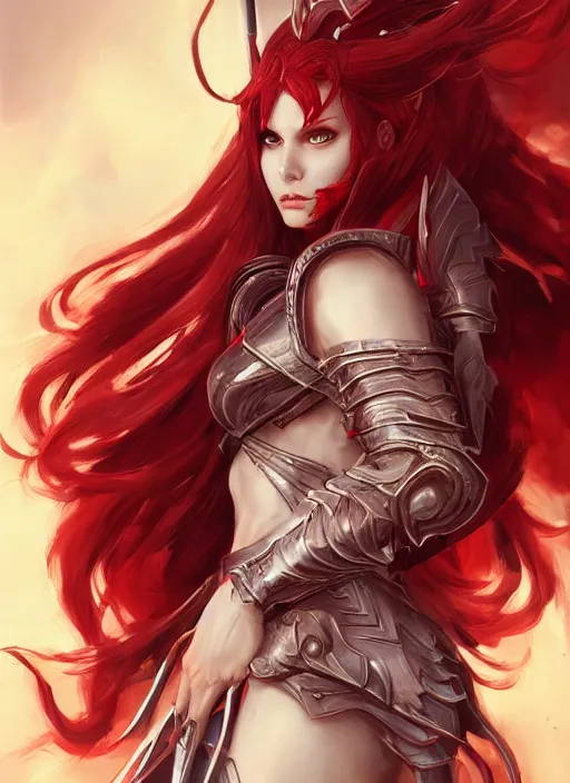 Prompt: beautiful warrior lady, red long hair, practical armor, shiny white skin, demonic eyes, low fantasy, extremely detailed, sharp focus, smooth, digital illustration, by rossdraws, frank franzzeta, sakimichan