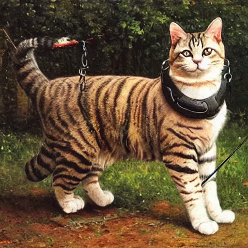 Image similar to huge cat harnessed to a cart, oil painting by Ivan Shishkin