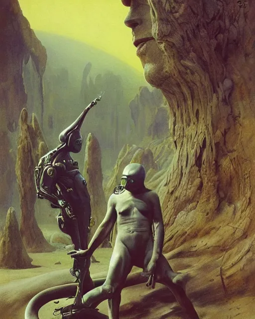 Prompt: pulp scifi cover, spaceman meets man from venus, extra terrestrial alien planet, baobab trees, painted by ruan jia, raymond swanland, lawrence alma tadema, zdzislaw beksinski, norman rockwell, jack kirby, tom lovell, alex malveda, greg staples, schomburg, bergey, science fiction