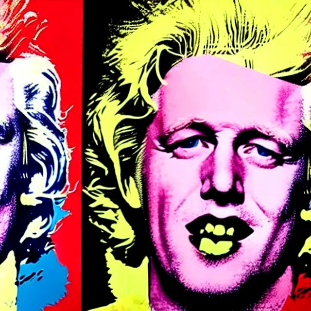 Image similar to epic professional digital painting of boris johnson with messy hair, repeated pattern in marilyn diptych by andy warhol, epic, stunning, gorgeous, much wow, masterpiece.