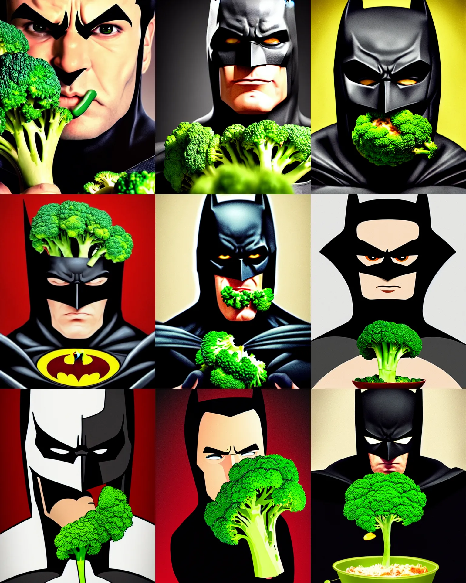 Prompt: A stunning portrait of Batman eating broccoli, masterpiece, Trending on Artstation, 8K