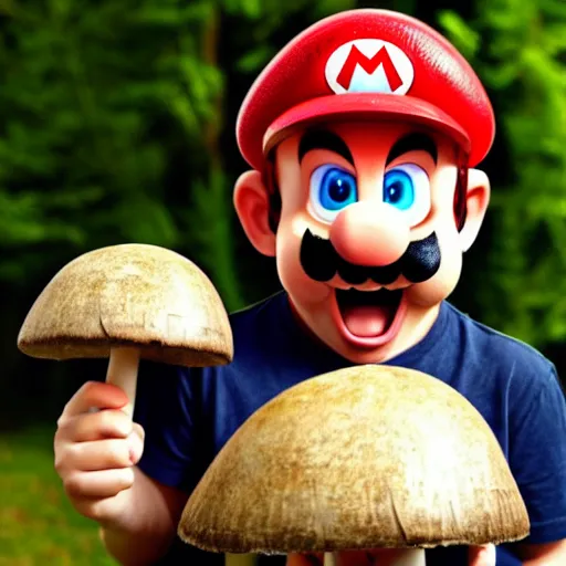 Image similar to photo of real life mario finding a giant mushroom, exhilarated, portrait, closeup. mouth open, 30mm, bokeh