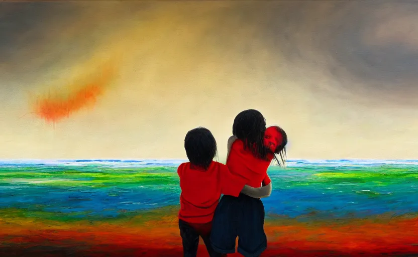 Image similar to two children hugging in the far distance as a giant tsunami approaches, sad, doomsday, end of the world, abstract art, oil painting