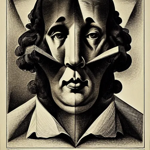 Image similar to lithography on paper conceptual figurative post - morden monumental portrait by goya and escher and hogarth, illusion surreal art, highly conceptual figurative art, intricate detailed illustration, controversial poster art, polish poster art, geometrical drawings, no blur