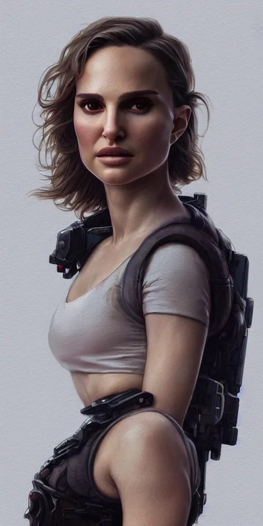 Prompt: full body portrait of Natalie Portman, looking at camera, intricate, dystopian, sci-fi, extremely detailed, digital painting, artstation, concept art, smooth, sharp focus, illustration, intimidating lighting, incredible art by artgerm and greg rutkowski and alphonse mucha and simon stalenhag