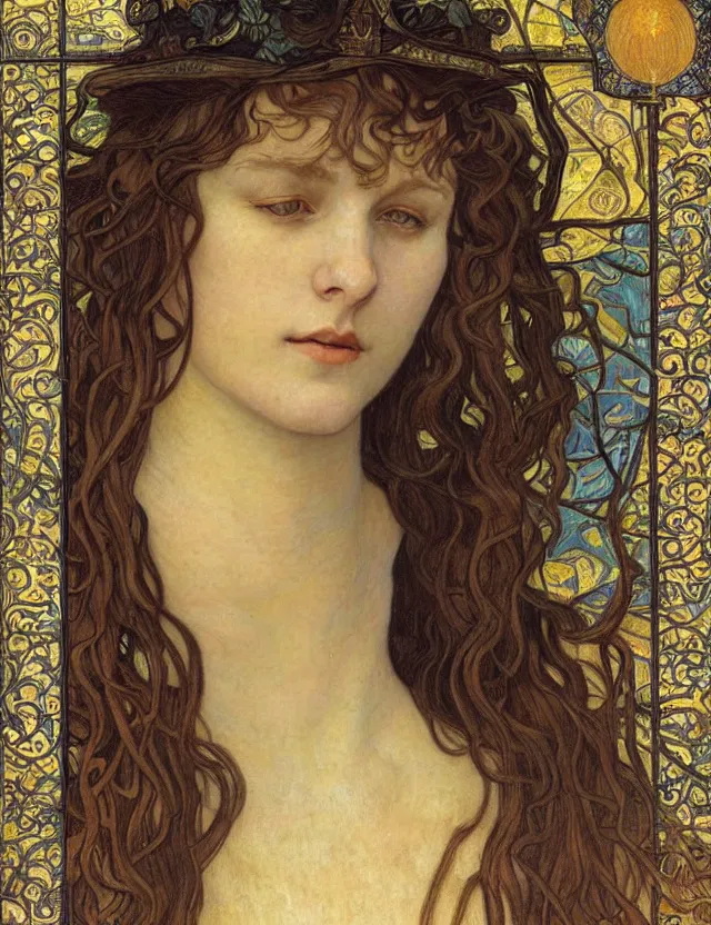 Image similar to detailed realistic beautiful young medieval queen face portrait by jean delville, alphonse mucha, vincent van gogh, and marco mazzoni, art nouveau, symbolist, visionary, gothic, pre - raphaelite