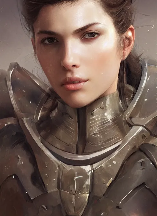 Image similar to a professional painting of a beautiful young female, clothed in military armor, olive skin, long dark hair, beautiful bone structure, symmetrical facial features, intricate, elegant, digital painting, concept art, smooth, sharp focus, illustration, from Metal Gear, by Ruan Jia and Mandy Jurgens and Artgerm and William-Adolphe Bouguerea