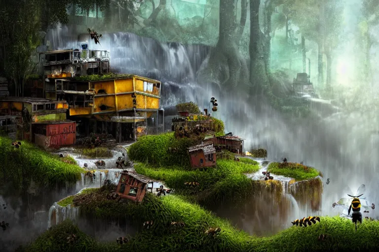 Image similar to favela bunker honeybee hive, forest waterfall environment, industrial factory, spooky, award winning art, epic dreamlike fantasy landscape, ultra realistic,