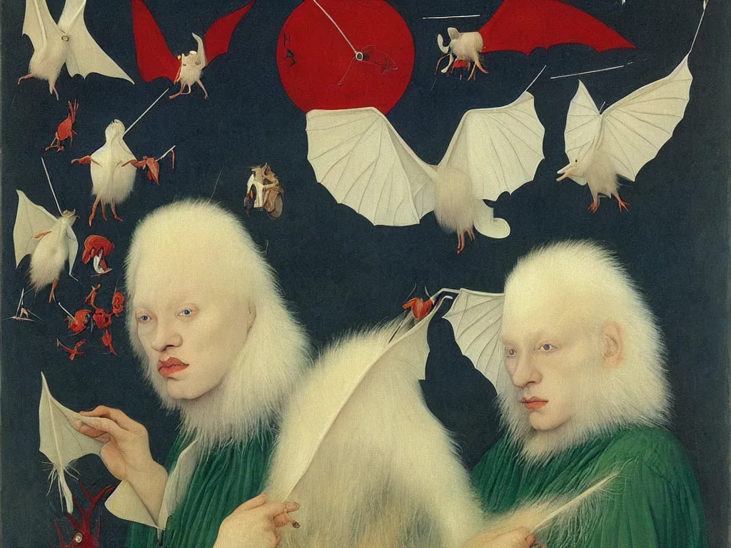 Prompt: Portrait of albino mystic with blue eyes, with beautiful exotic white fluffy bat, long antennae, giant ears. Night, fireflies. Painting by Jan van Eyck, Audubon, Rene Magritte, Agnes Pelton, Max Ernst, Walton Ford