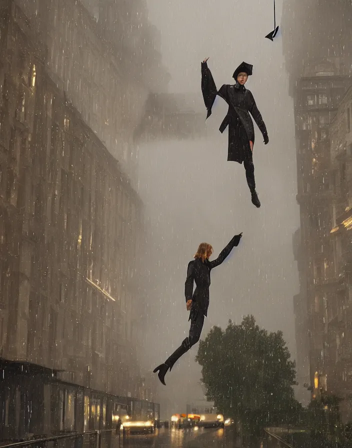 Image similar to one slick fashionable zara raincoat flying hanging mid - air on a glittering rainy display designed by james terrell, wes anderson, symmetry, rule of thirds