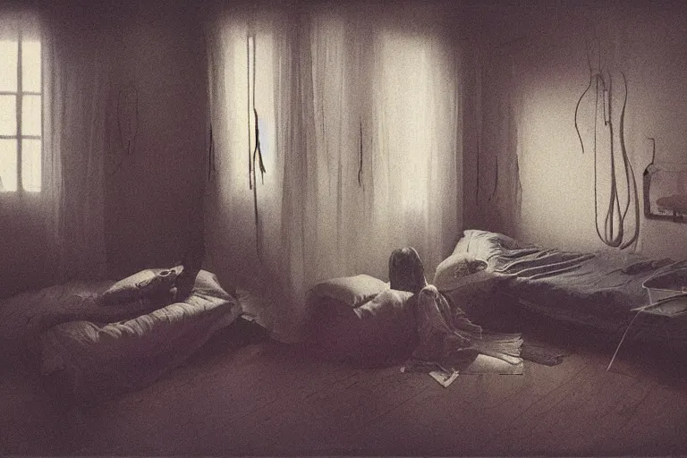 Image similar to IKEA catalogue photo, cyberpunk teenager bedroom, ghosts, by Beksiński