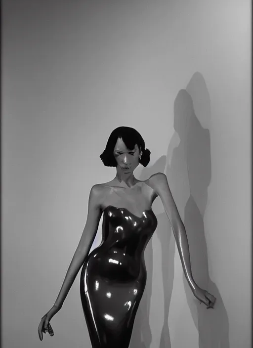 Image similar to a highly detailed unreal engine symmetric portrait of a long legged freaky goddess in a latex dress in an endless galaxy, boke, tilted frame, henry cartier bresson