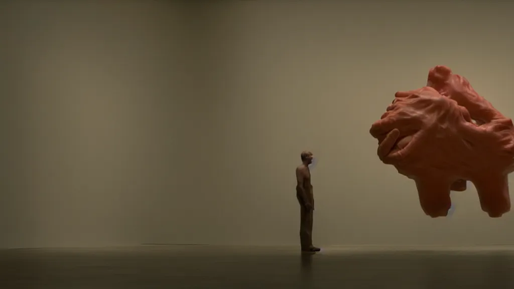 Image similar to a giant hand made of wax float through the living room, film still from the movie directed by Denis Villeneuve with art direction by Zdzisław Beksiński, wide lens