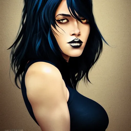 Image similar to a stunning upper body portrait of a beautiful woman with raven hair blowing in the wind by marvel comics, digital art, trending on artstation